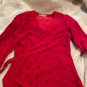 Red flowery wrap around shirt